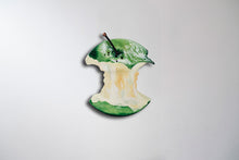 Load image into Gallery viewer, Green Keen bitten apple front view recycled metal sculpture sustainable art fruit only