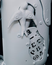 Load image into Gallery viewer, Close-up of a white eagle ornament and layered reclaimed components on Plastic Apocalypse – Trojan Warrior by Scoobafish.