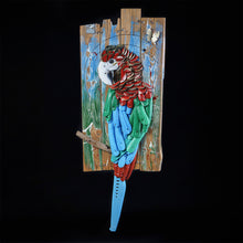 Load image into Gallery viewer, Complete view of Proud Parrot by Scoobafish, a colourful three-dimensional parrot assembled from reclaimed objects on painted wooden boards.