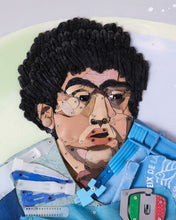 Load image into Gallery viewer, Diego Maradona face detail - El Pibe de Oro recycled plastic portrait showing color-selection technique