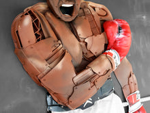 Load image into Gallery viewer, Close-up of Muhammad Ali’s torso and red boxing gloves in My Name Is Muhammad, assembled by Scoobafish from reclaimed plastic components.