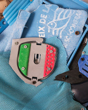 Load image into Gallery viewer, Italian flag emblem detail on Argentina jersey - sustainable art technique using natural plastic colors