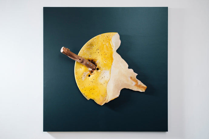 Apple core leftovers front view recycled metal sculpture sustainable art