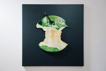 Load image into Gallery viewer, Green Keen bitten apple front view recycled metal sculpture sustainable art

