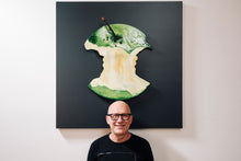 Load image into Gallery viewer, Maurizio Sergiusti Scoobafish artist with Green Keen bitten apple sustainable sculpture
