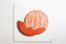 Load image into Gallery viewer, Peeled mandarin front view recycled metal sculpture sustainable art TuttiFrutti on white background
