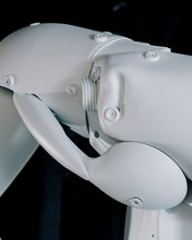 Load image into Gallery viewer, Close-up of the articulated arm and shoulder of Plastic Apocalypse – Trojan Warrior, constructed from shaped reclaimed plastic parts.
