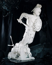 Load image into Gallery viewer, Full view of Plastic Apocalypse – Trojan Warrior, a white sculpture by Scoobafish made from reclaimed plastics and found objects.
