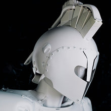 Load image into Gallery viewer, Close-up of the helmet and head of Plastic Apocalypse – Trojan Warrior, assembled by Scoobafish from reclaimed plastic objects.
