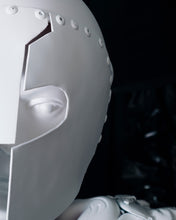 Load image into Gallery viewer, Close-up of the face and white helmet of Plastic Apocalypse – Trojan Warrior, revealing its layered construction and surface details.
