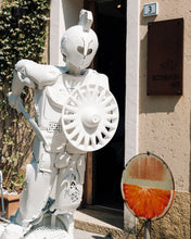 Load image into Gallery viewer, Plastic Apocalypse – Trojan Warrior displayed outside the Scoobafish Art studio in Sardinia.
