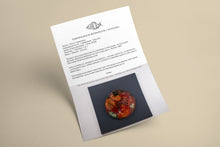 Load image into Gallery viewer, Certificate of Tomatinho contemporary tomato sculpture handcrafted from reclaimed traffic signs by Scoobafish.
