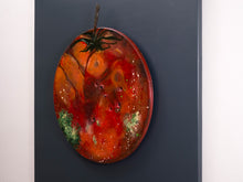 Load image into Gallery viewer, Side view of Tomatinho recycled metal tomato sculpture showing handcrafted textures and mixed media techniques.
