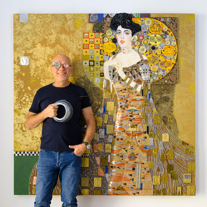 Woman in Gold contemporary art masterpiece by Scoobafish artist, 172x172cm mixed media
