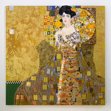 Load image into Gallery viewer, Klimt inspired Woman in Gold artwork made from recycled materials, full view
