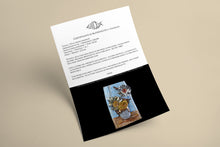Load image into Gallery viewer, Certificate of Authenticity for Sunflowers III by Scoobafish, shown with an image of the original recycled-metal artwork and the artist’s certification details.
