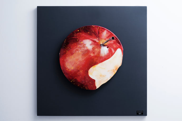 Bited apple front view recycled metal sculpture sustainable art Scoobafish