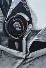 Load image into Gallery viewer, Close-up of a circular reclaimed component and painted fabric forming the black jug in Black Jug and Skull by Scoobafish.
