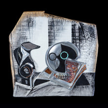 Load image into Gallery viewer, Full view of Black Jug and Skull by Scoobafish, a three-dimensional still life assembled from reclaimed objects on a painted wooden panel.
