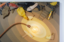 Load image into Gallery viewer, Close-up light detail - recycled plastic deep-sea creature sculpture with golden glow
