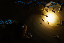 Load image into Gallery viewer, Golden bioluminescent light moment - plastic fish sculpture revealing ocean pollution awareness message
