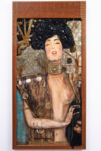 Load image into Gallery viewer, Complete framed view of Judith by Scoobafish, a mixed-media assemblage inspired by Gustav Klimt and created from reclaimed everyday objects.
