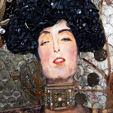 Load image into Gallery viewer, Close-up of the head and face in Judith by Scoobafish, surrounded by hair formed from black reclaimed cables and electronic components.
