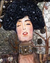 Load image into Gallery viewer, Upper-section view of Judith by Scoobafish, showing the painted face, cable hair, metal necklace and background of aluminium lids.
