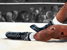 Load image into Gallery viewer, Close-up of the boxers’ legs and shoes in My Name Is Muhammad by Scoobafish, showing layered reclaimed components and hand-painted details.
