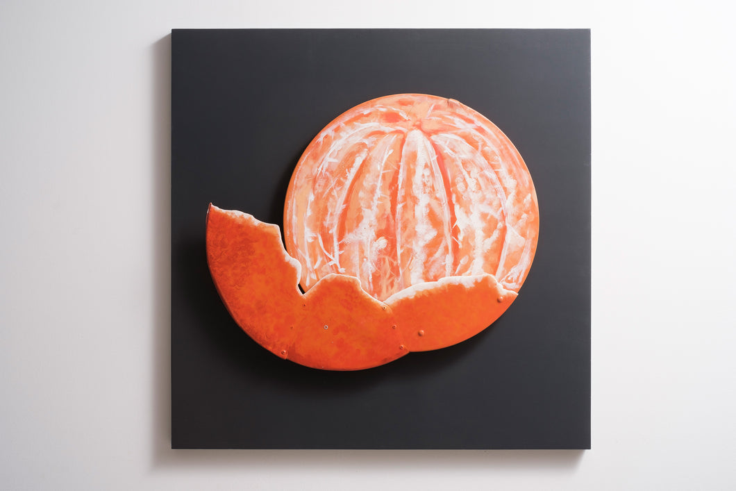 Peeled mandarin front view recycled metal sculpture sustainable art TuttiFrutti