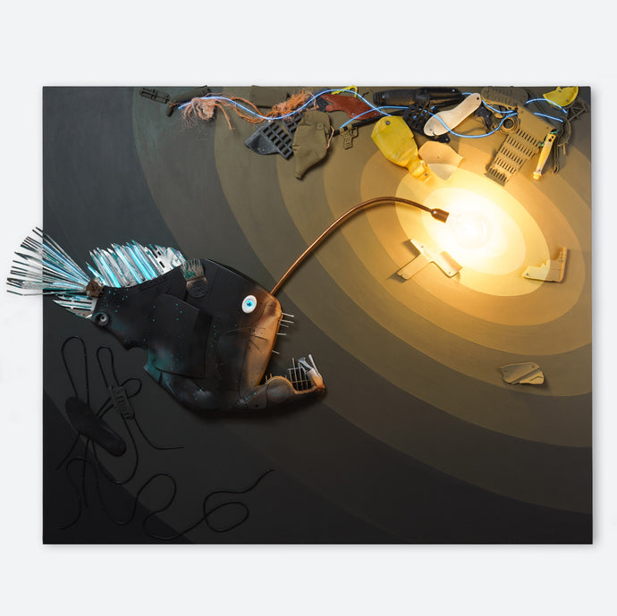 Plastic from the Abyss complete installation - bioluminescent deep-sea fish sculpture made from recycled beach plastic