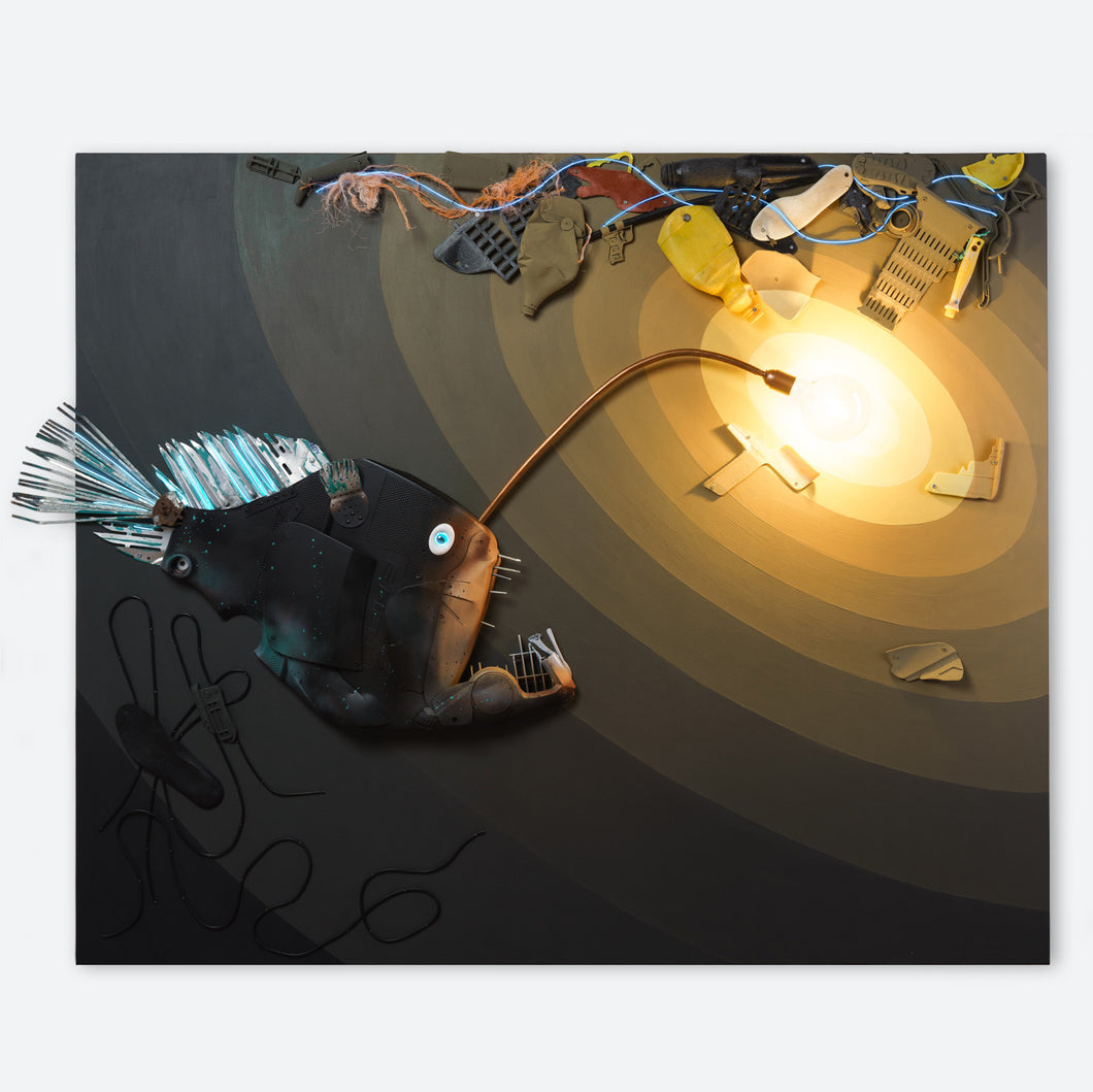 Plastic from the Abyss complete installation - bioluminescent deep-sea fish sculpture made from recycled beach plastic