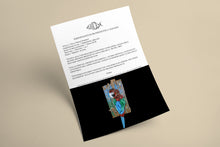 Load image into Gallery viewer, Certificate of authenticity for Proud Parrot by Scoobafish, displayed with an image of the original mixed-media artwork.
